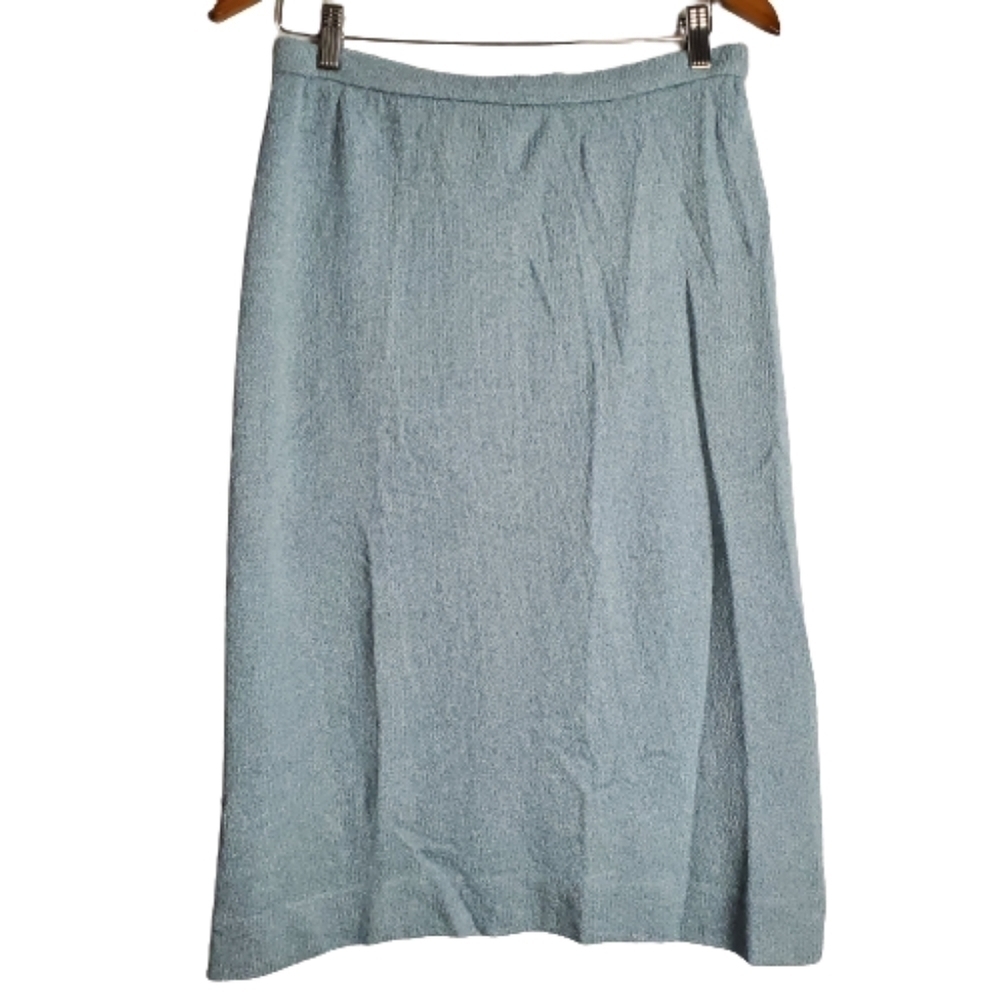 Vintage 80s Dalton Knit Blue Pencil Pull On Below Knee Skirt Sz 12 Modest Casual